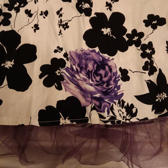 Black and White Floral Print with purple Flower Accents Dress - Picture 1 of 4
